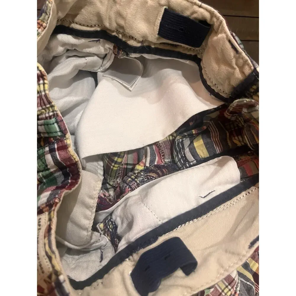 Gap Kids Madras Plaid Cargo Shorts Blue Yellow Green Flat Front Preppy Size 12